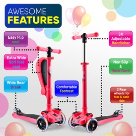 Hurtle Kids Scooter - Child Toddler Kick Scooter Toy with Foldable Seat - 3 Wheel Scooter with Adjustable Height, Anti-Slip Deck, Flashing Wheel Lights, for Boys/Girls 1-12 Year Old, Watermelon