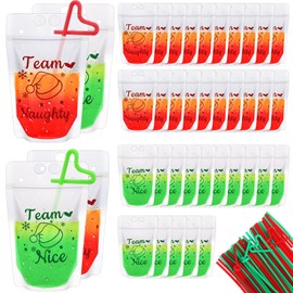 Domensi 50 Pcs Christmas Drink Pouches with Straws Green Red Christmas Reusable Team Nice Juice Pouches for Adults Plastic Team Naughty Drinking Pouches Bag for Christmas Party Favor Supplies,15 oz