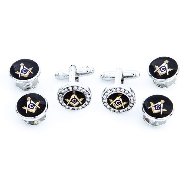 MRCUFF Freemason Masonic Mason Crystal Silver Tone Cufflinks and Studs