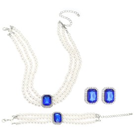 MXUHUI Pearls Layered Choker Necklaces Multilayer Faux Pearl Bracelet Crystal Earrings Jewelry Set 1920s Choker Necklace Bridal Wedding Party Jewelry (Blue)