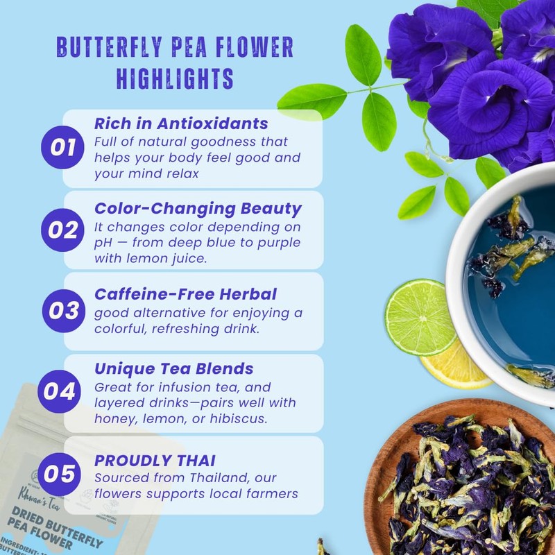 KHWAN'S TEA Dried Butterfly Pea Flowers Blue Tea Clitoria Ternatea