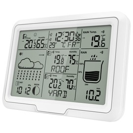 Miraval Design Wireless Weather Station with 2 Namable Sensors + Rain Gauge Moon Phase Display Humidity Temperature Display Alarm (White)
