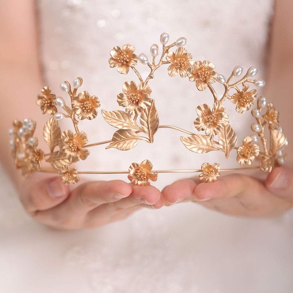 FXmimior Vintage Gold Flower Leaf Bead Bridal Wedding Crown Headband Women Crystal Tiara Headpiece Wedding Hair Accessories
