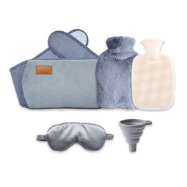 Hitopin Hot Water Bottle, 1 Litre Rubber Hot Water Bottle with Waist Cover, 3-in-1 Rubber Hot Water Bottle with Fleece Cover + Eye Mask + Funnel, for Legs, Feet, Neck, Shoulder, Waist Warming, Pain