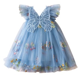 AGQT Baby Girls Tulle Dress Sleeveless Floral Butterfly Tutu Dress Toddler Girls Birthday Party Princess Dresses Casual Flower Embroidery Toddler Dresses Blue Size 18-24 Months