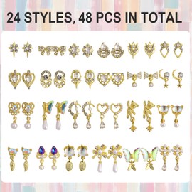 48 Pcs Dangle Nail Charms Luxury Rhinestones for Nails Heart Charms Gold Nail Gems Crystal Metal Nail Diamonds Stones for 3D Nails Art Decoration Jewelry Making, 24 Styles