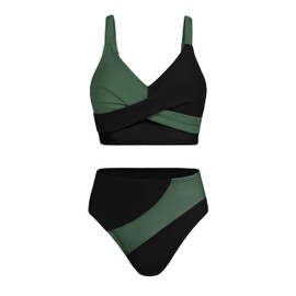 TANBINISUN Teen Swimsuits for Girls 14-16 Girls Bathing Suits Teen Bikini Black and Green Color Block Criss Cross V Neck Adjustable Shoulder Cute Swimwear Two Piece Swimsuits
