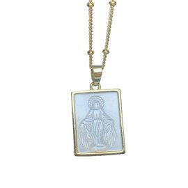 Mother of Pearl Virgin Mary Scapular Necklace, Mother of God Virgin Mary Pearl Religious Faith Miraculous Medal Necklace, 18 Carat Gold Filled Chain, Agate