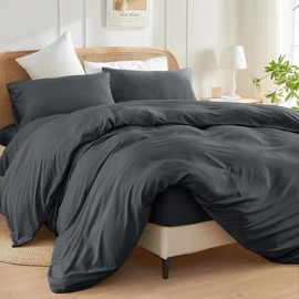 SSW HOMES Single Size Duvet Cover Set (Charcoal) - 3 Pcs Brushed Microfiber Plain Dyed Quilt Cover - Bedding Set with Button Closure Include 1 Duvet Cover & 1 Pillowcase