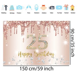 25th Birthday Decorations Happy Birthday Backdrop Banner for Women, 25 Years Old Fabric Sign Poster Party Decor, Rosegold Photo Background, 25th Birthday Party Supplies, 150 cm x 90 cm