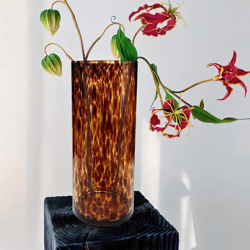 11.8 Inch Amber Brown Glass Vase,Hand Blown Leopard-Print Cylinder Centerpiece