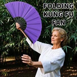 Oncpcare 2 Pcs Large Folding Hand Rave Fan, Chinese Kung Fu Line Dance Popping Fan for Men Women Girl Boy Gift (Purple)