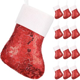 Realspring 12 Pcs Mini Sequin Christmas Stocking Bulk Mini Stockings Xmas Socks Bulk Christmas Tree Decoration for Home Party Sparkle Socking(Red)