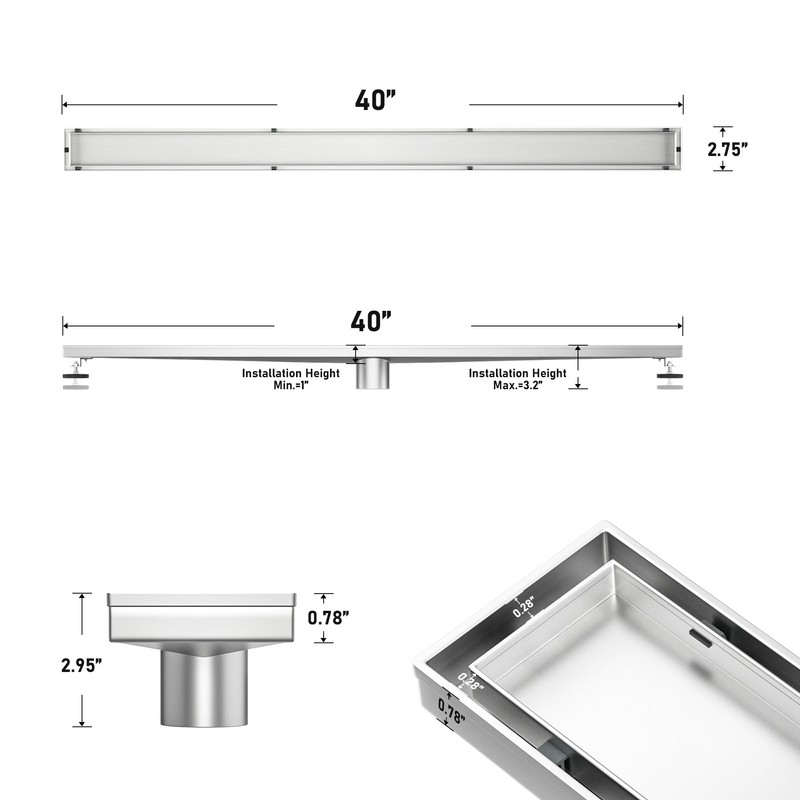 Bochni Linear Shower Drain 40" Brushed 304 Stainless Steel |
