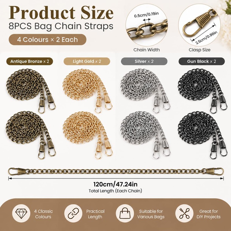 8Pcs Handbag Chain Strap 120cm, Shoulder/Handbag Chain, Bag Chain for
