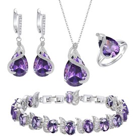 Ever Faith Women's Jewellery Sets Purple Jewellery Sparkly Cubic Zirconia Birthstone Teardrop Necklace Earring Bracelet Ring Jewelry Sets for Women Birthday Gifts 4 PCS Silver-Tone