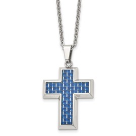 The Black Bow Men's Stainless Steel & Blue Carbon Fiber Inlay Cross Necklace, 22 in