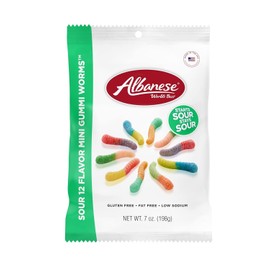 Alba-nese 12 Flavor Mini Gummi Worms 7.5 oz Bag Assorted Fruity Gummy Candy Fat Free Gluten Free Low Sodium Made in the USA