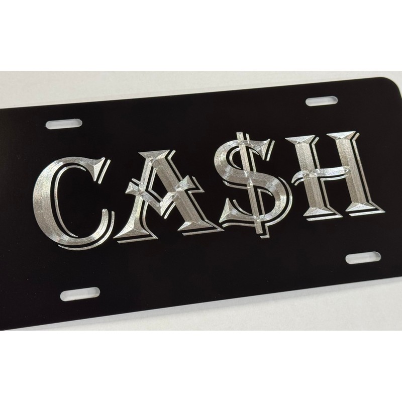 Cash $ Money Car Tag Engraved Gloss Black Silver Etched