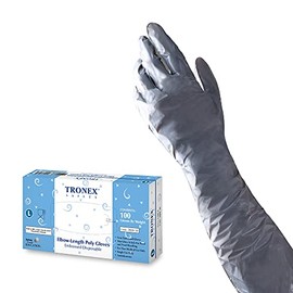 TRONEX 2800 PE Disposable Gloves, 18" Elbow Length Disposbale Gloves, Food Safe, Cleaning, Embossed Texture, Secure Grip, Powder Free, Latex Free, Gray, Large, Box of 100