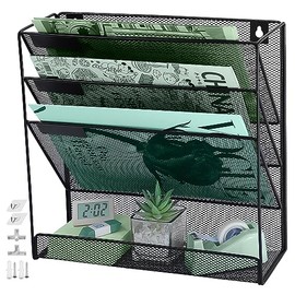 ideallife ideallife 3 Pockets Mesh Wall File Holder Organizer with Bottom Flat Tray, Office Hanging File Folder Magazine Rack, Nametag Label Hooks Set Included, Black