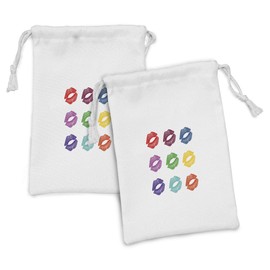 Lunarable Kiss Fabric Pouch Set of 2, Different and Lively Colored Kiss Marks Women Makeup Lipstick Glamor Beauty Theme, Small Drawstring Bag for Toiletries Masks and Favors, 9" x 6", Multicolor