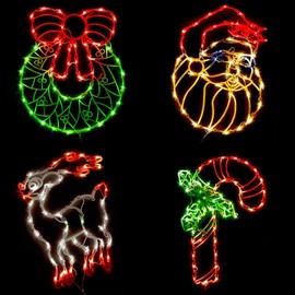 GMFINE Lighted Christmas Decorations for Windows, Pack of 4 Plug-in Christmas Wreath Reindeer Santa Claus and Candy Cane Window Silhouette for Holiday New Year Winter Indoor Hanging Lights Decor