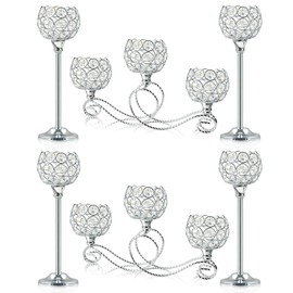 Silver Set of 6 Metal Crystal Tea Light Candle Holder, Elegant Wedding Table Centerpiece Candle Holder, Christmas Wishing Crystal Bowl Candle Holder Suitable for Wedding Party Living Room Decoration