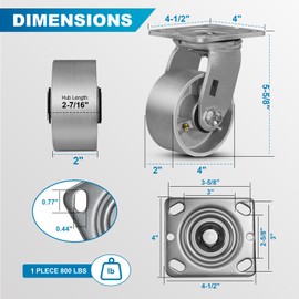 FOVERSWIVE 4"x2" Industrial Casters- Heavy Duty Casters, Cast Iron Wheel,Steel Casters Set of 4 Capacity up to 3200 Lb. Use for Platform Truck, U-Boat Cart,Workbenche(2 Swivel & 2 Rigid)