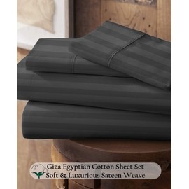 My-100%-Certified-Giza-Cotton-Pillow-Sheet, Giza Egyptian Sheet Set Split Flex Top King Size, Soft Sateen Weave Breathable, Fits Upto 18-Inch Deep Pocket - Split Head King, Dark Grey Stripe