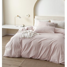 JIYUAN 100% Washed Cotton Duvet Cover Set Comfy Simple Style Soft Breathable Textured Durable Linen Feel Bedding for All Seasons Queen, Solid Greyish Pink