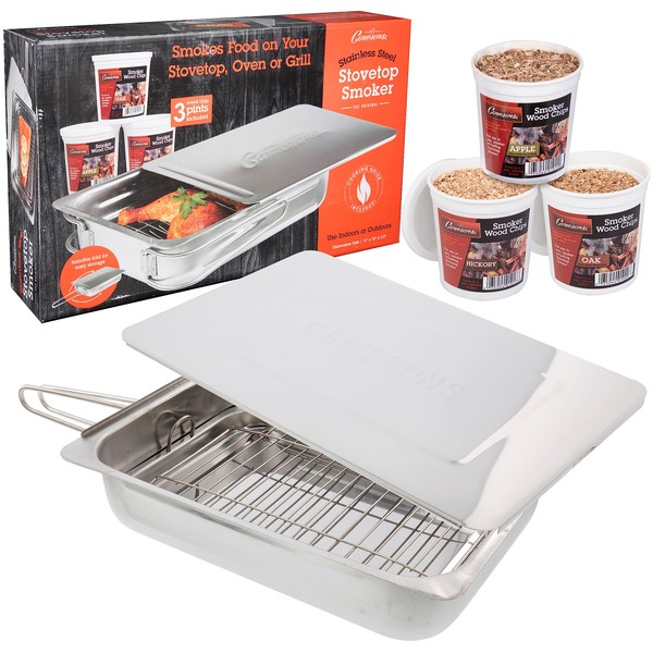 Camerons Original Stovetop Smoker -Indoor Outdoor Smoker Box Gift Set w/Oak, Apple, Hickory Wood Chip Pints & Recipe Guide-Use On Stovetop or BBQ Grill -Great For Summer BBQ & Grilling Gift for Men