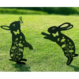 Rabbit Metal Garden Stakes Decorative,2 Pack Black Jump Rabbit Silhouette Statues,for Yard, Garden, Lawn Outdoor Decorations.Rabbit Lovers Gifts.