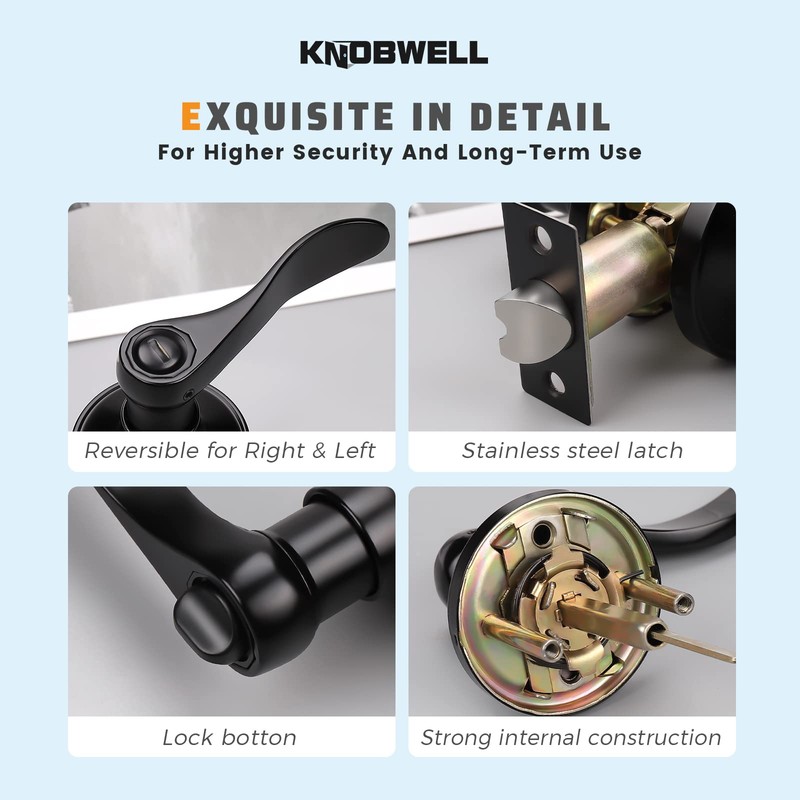 KNOBWELL 5 Pack Black Door Knobs Privacy Door Handles, Interior