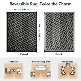 Waterproof Outdoor Rug 8x10 ft, Reversible Outdoor Plastic Straw Rug, Easy to Clean Outdoor Patio Rug, Portable Outdoor Carpet for Patio, RV, Deck, Balcony, Backyard, Picnic, Beach, I-Shaped, Black