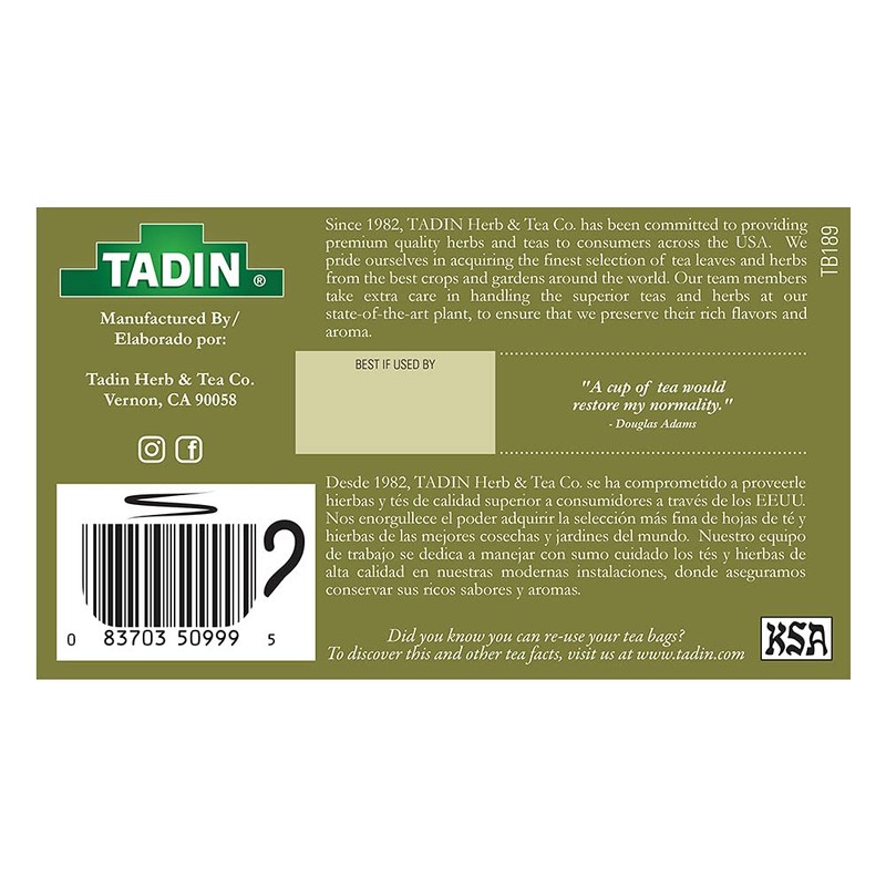 Tadin Ginger Herbal Tea Blend. Caffeine Free. 24 Tea Bags.