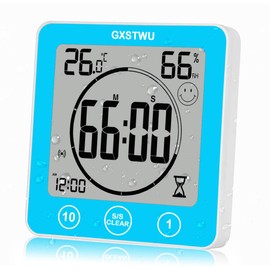 GXSTWU Digital Shower Timer Waterproof Bathroom Timer Clock, Touch Screen Timer, Thermometer Hygrometer Suction Cup Hanging Hole Stand Magnet Blue