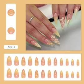 24 Pcs Yellow Ombre Press on Nails Medium Almond - Summer Fake Nails Nude Pink False Nails Press ons with Flower Rhinestone Charm Design Full Cover Acrylic Nail Art Kit Glue on Nail for Women Girls