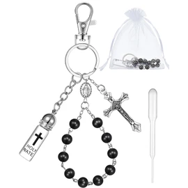Blushtier Holy Water Bottle Keychain with Rosary Beads Crucifix, Catholic Gift for Mothers Day Communion Party Favor(Black,Classic)