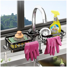Kitchen Sink Faucet Organizer, Sponge Holder for Kitchen Sink with Hook, Hanging Faucet Drain Rack for Dishcloths, Sponges, and More (Black, Square one-Piece)