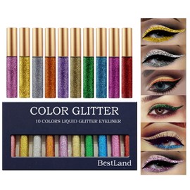 BestLand 10 Colors Liquid Glitter Eyeliner Metallic Shimmer Glitter Eyeshadow Pigment Eyebrown Shimmer Waterproof Face Lips Art for Party Festival Makeup