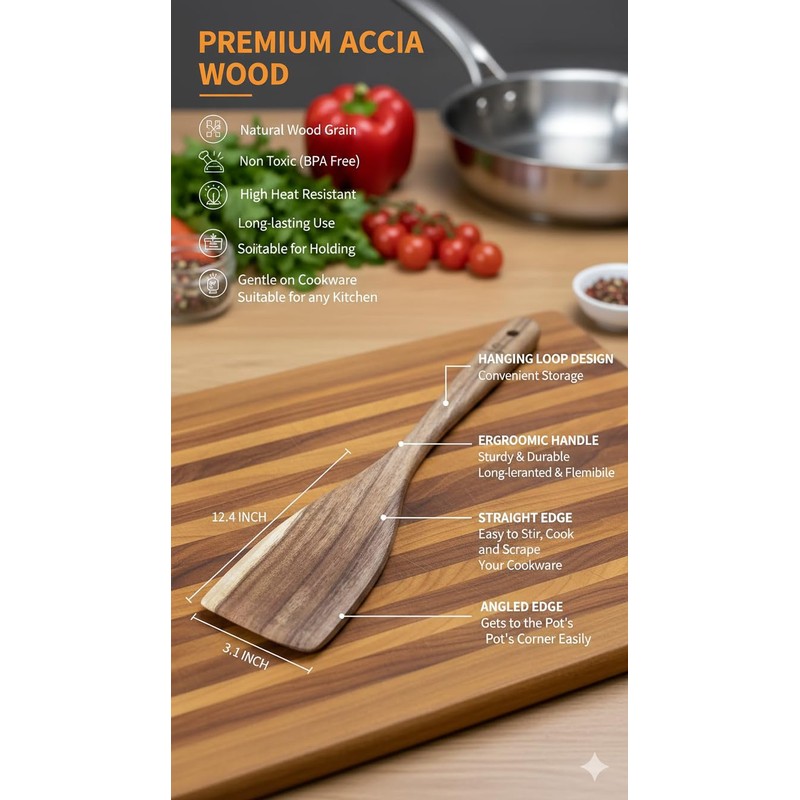 Cuisim Wooden Spatula Acacia Wood Flat Turner, Heat-Resistant, Ideal Christmas