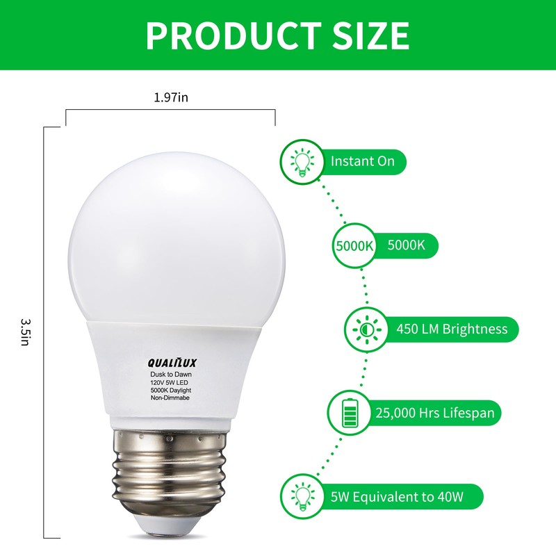 Qualilux A15 Small Dusk to Dawn Light Bulbs Outdoor 450LM,
