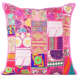 Eyes of India Decorative Patchwork Boho Throw Pillow Cover, Colorful Bohemian Cushion Case for Sofa Couch, Handmade Accent Bedroom Living Room (Pink, 20" x 20")