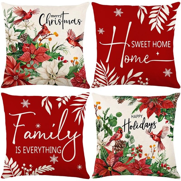 Ameyahud Merry Christmas Throw Pillow Covers Cardinal Berries Red Xmas
