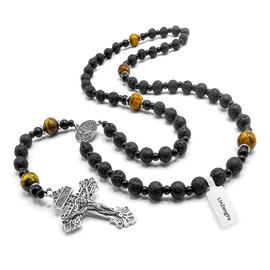 LinZengYo Volcanic rock rosary beads catholic for men,Rosary Necklace for men and women with medal & cross,Rosary black stone beads with stainless steel beads and St.Benedict metal beads.