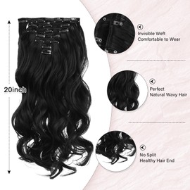 Vlasy Hair Extensions Clip in,7PCS Wavy Clip in Extensions,20 Inches Long Synthetic Clip on Hair Hairpiece Full Head for Women Girls(1#)