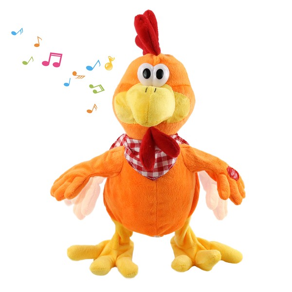 Houwsbaby Squawking Chicken Musical Stuffed Animal with a bib Walking Singing Waving Rooster Electronic Interactive Plush Toy Gift for Kids Boys Girls Easter Birthday, 15'' (Orange)