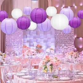 Linternas de papel colgantes decorativas, linternas de papel chinas moradas para decoración de fiestas de techo con 16 luces LED para graduación, lavanda, género neutro, baby shower, aniversario de