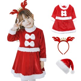 GOKEI Children's Santa Dress One-Piece 3-Piece Set, Santa Claus Costume with Santa Hat and Headband, Santa Outfit, Christmas Costume, Cosplay, Girls' Santa Dress, Children's Clothing, Baby and Kids